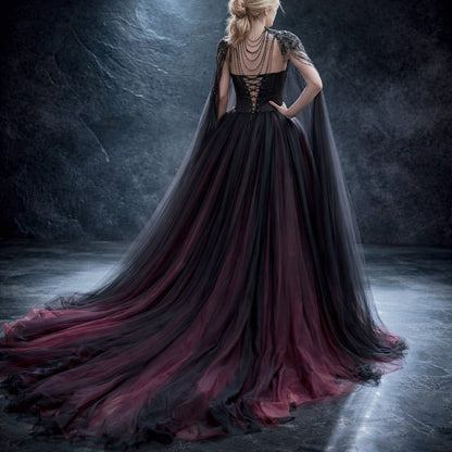 Gothic Black & Red A-Line Sleeveless Tulle Ball Gown with Dress Sequined Cape