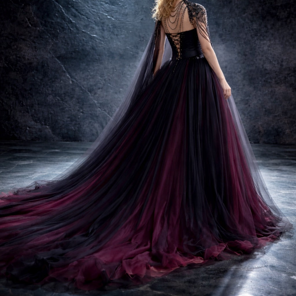 Gothic Black & Red A-Line Sleeveless Tulle Ball Gown with Dress Sequined Cape