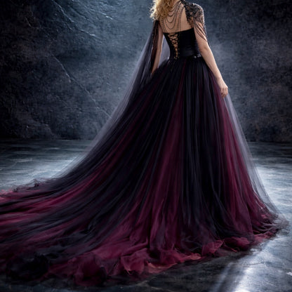 Gothic Black & Red A-Line Sleeveless Tulle Ball Gown with Dress Sequined Cape