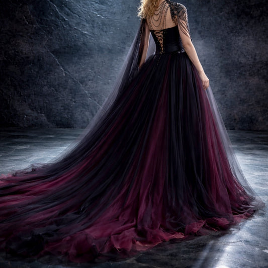 Gothic Black & Red A-Line Sleeveless Tulle Ball Gown with Dress Sequined Cape