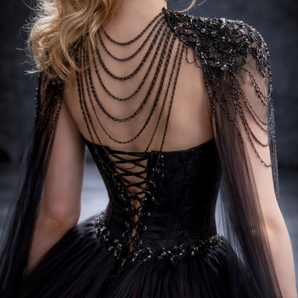 Gothic Black & Red A-Line Sleeveless Tulle Ball Gown with Dress Sequined Cape