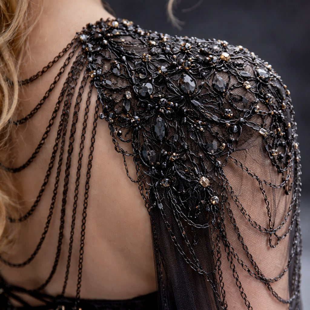 Gothic Black & Red A-Line Sleeveless Tulle Ball Gown with Dress Sequined Cape