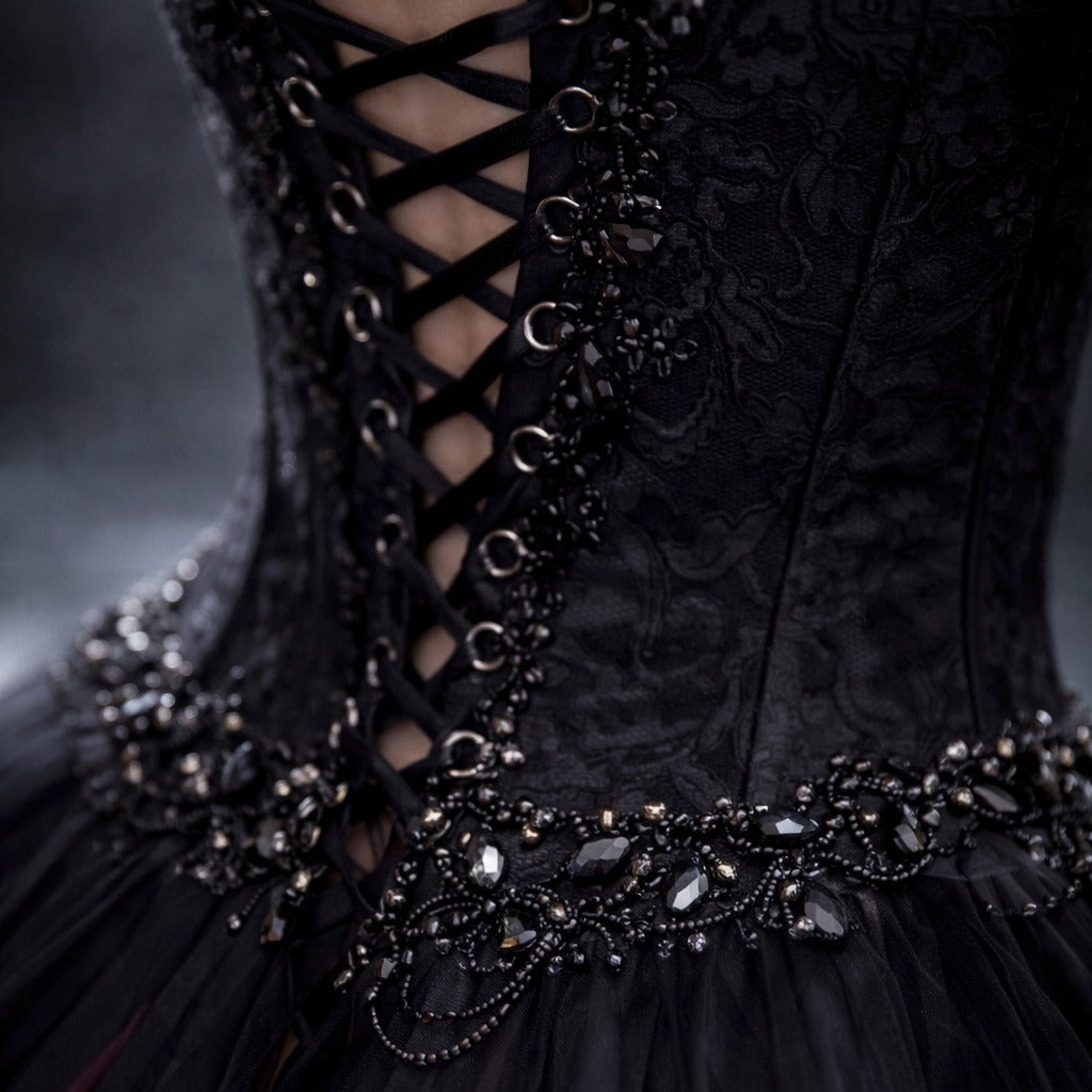 Gothic Black & Red A-Line Sleeveless Tulle Ball Gown with Dress Sequined Cape