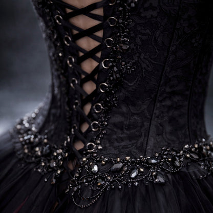 Gothic Black & Red A-Line Sleeveless Tulle Ball Gown with Dress Sequined Cape