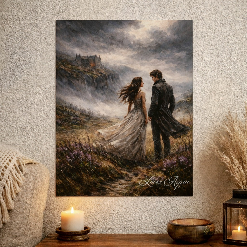 Wuthering Heights Heathcliff & Catherine Gothic Art Print – Stormy Moor Wall Art, Dark Romance Painting, Dark Academia Literary Artwork