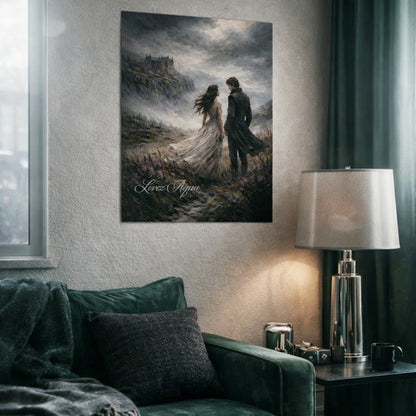 Wuthering Heights gothic wall art print featuring Heathcliff and Catherine standing on stormy moors in dark academia style