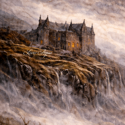 Wuthering Heights gothic wall art print featuring Heathcliff and Catherine standing on stormy moors in dark academia style