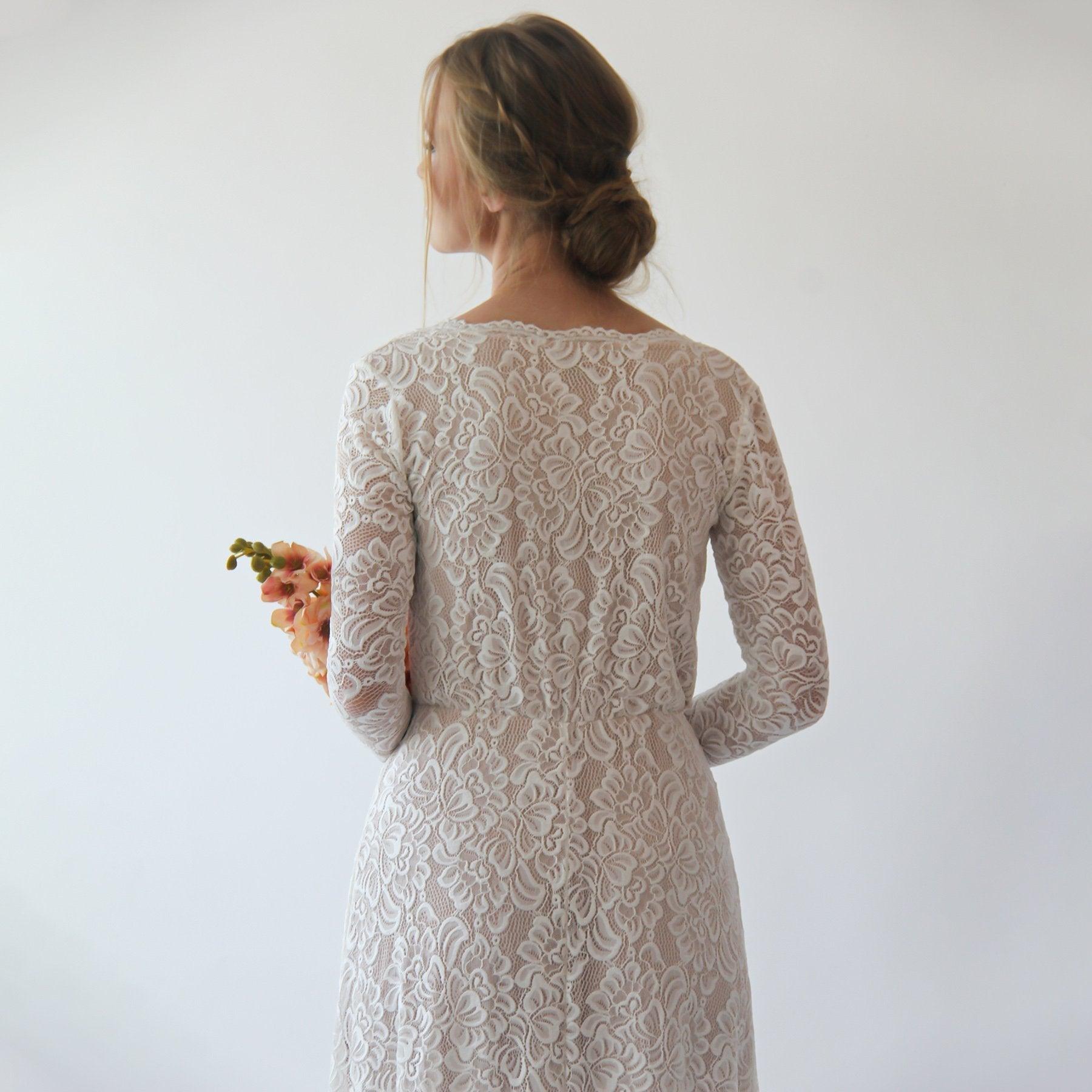 Vintage Style Ivory Lace Wedding Dress With Long Sleeves Lace & Nude Lining - Lovez Aqua© - 