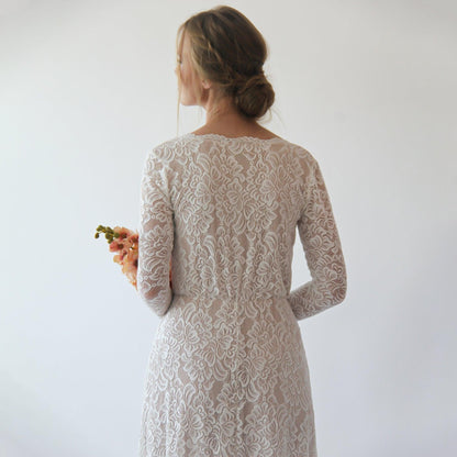Vintage Style Ivory Lace Wedding Dress With Long Sleeves Lace & Nude Lining - Lovez Aqua© - 