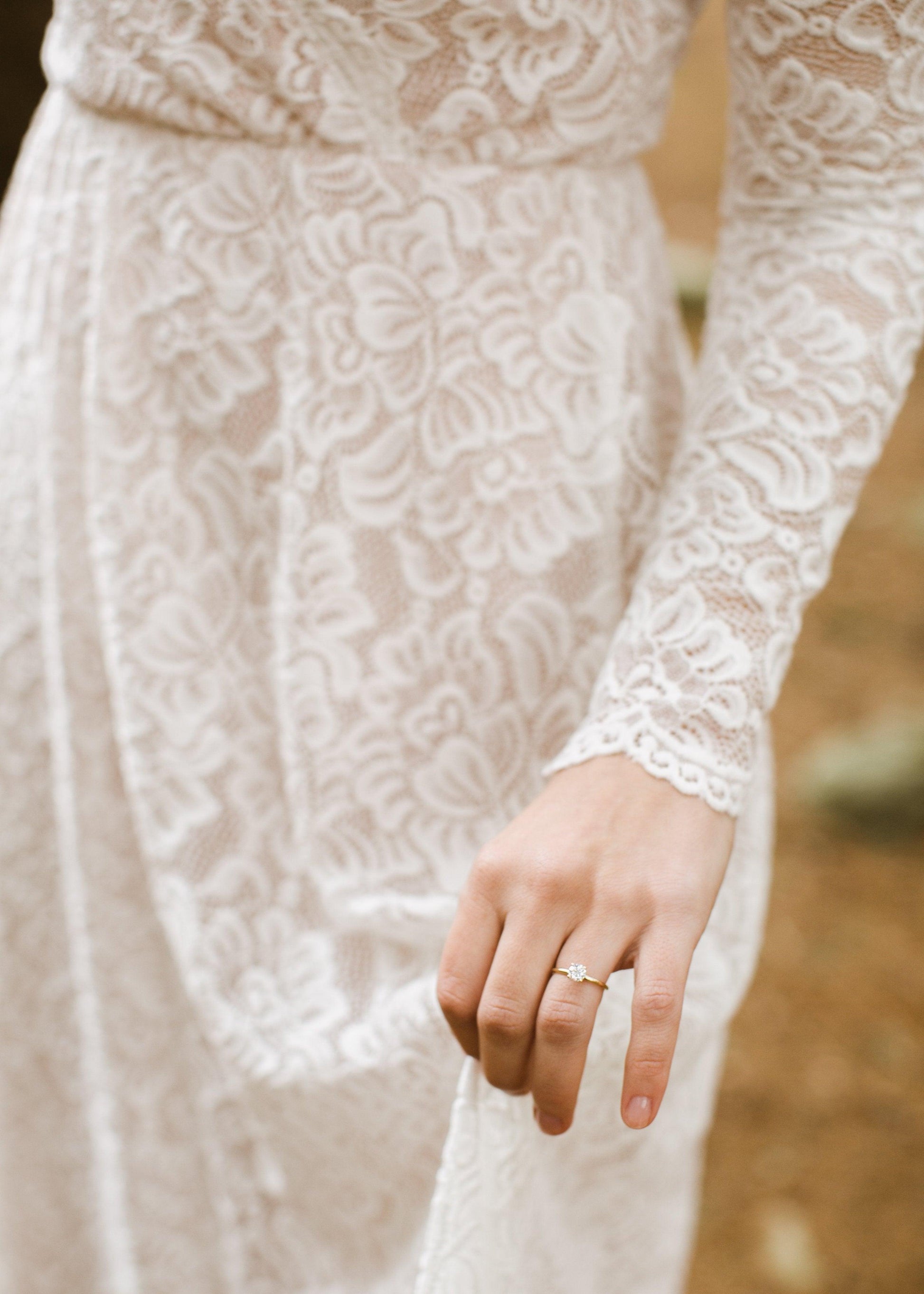 Vintage Style Ivory Lace Wedding Dress With Long Sleeves Lace & Nude Lining - Lovez Aqua© - 