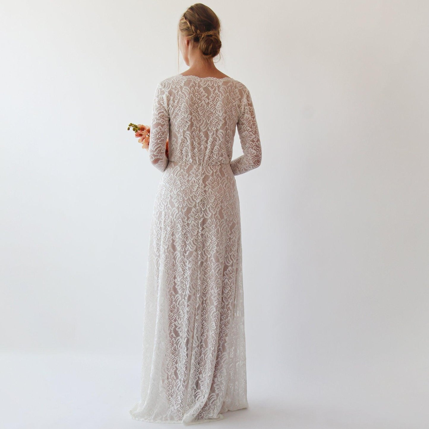 Vintage Style Ivory Lace Wedding Dress With Long Sleeves Lace & Nude Lining - Lovez Aqua© - 