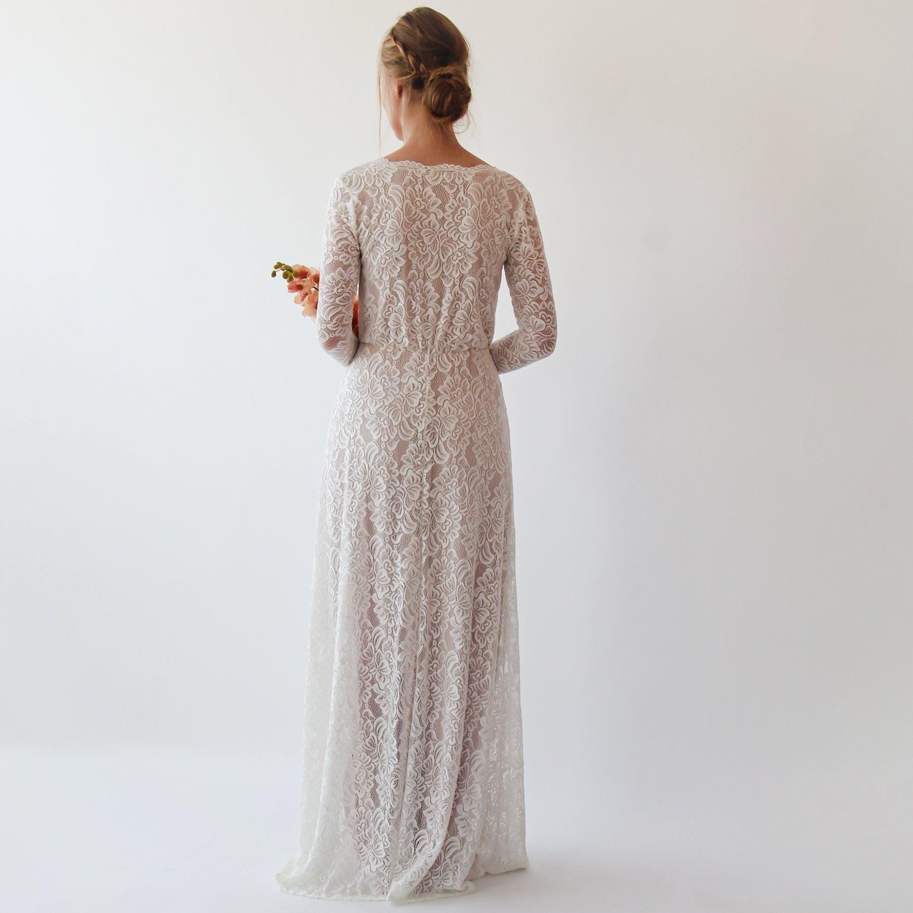 Vintage Style Ivory Lace Wedding Dress With Long Sleeves Lace & Nude Lining - Lovez Aqua© - 