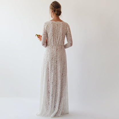Vintage Style Ivory Lace Wedding Dress With Long Sleeves Lace & Nude Lining - Lovez Aqua© - 
