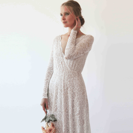 Vintage Style Ivory Lace Wedding Dress With Long Sleeves Lace & Nude Lining - Lovez Aqua© - 