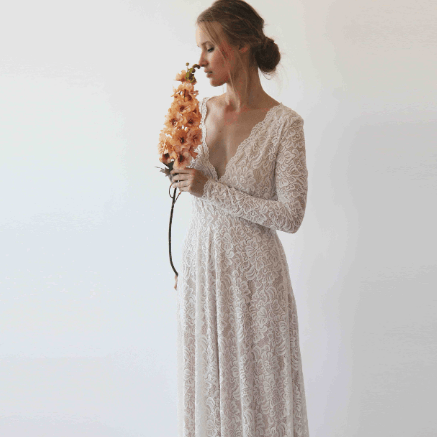 Vintage Style Ivory Lace Wedding Dress With Long Sleeves Lace & Nude Lining - Lovez Aqua© - 