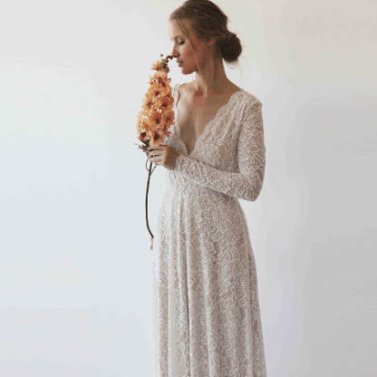 Vintage Style Ivory Lace Wedding Dress With Long Sleeves Lace & Nude Lining - Lovez Aqua© - 