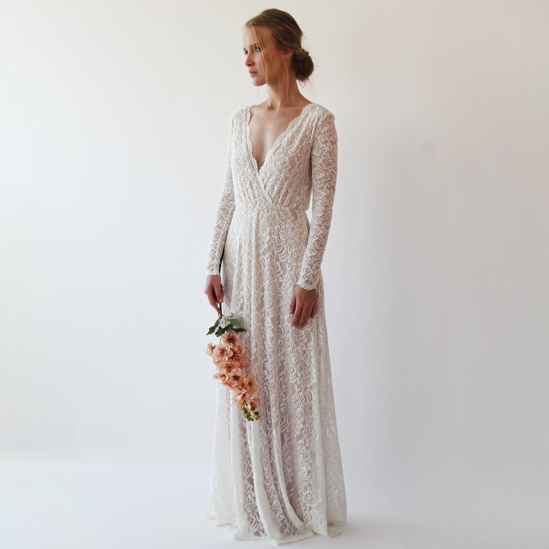 Vintage Style Ivory Lace Wedding Dress With Long Sleeves Lace & Nude Lining - Lovez Aqua© - 