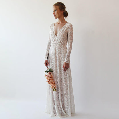 Vintage Style Ivory Lace Wedding Dress With Long Sleeves Lace & Nude Lining - Lovez Aqua© - 