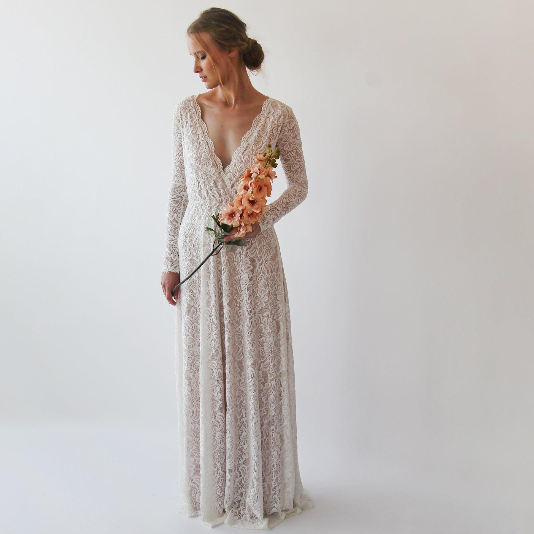 Vintage Style Ivory Lace Wedding Dress With Long Sleeves Lace & Nude Lining - Lovez Aqua© - 