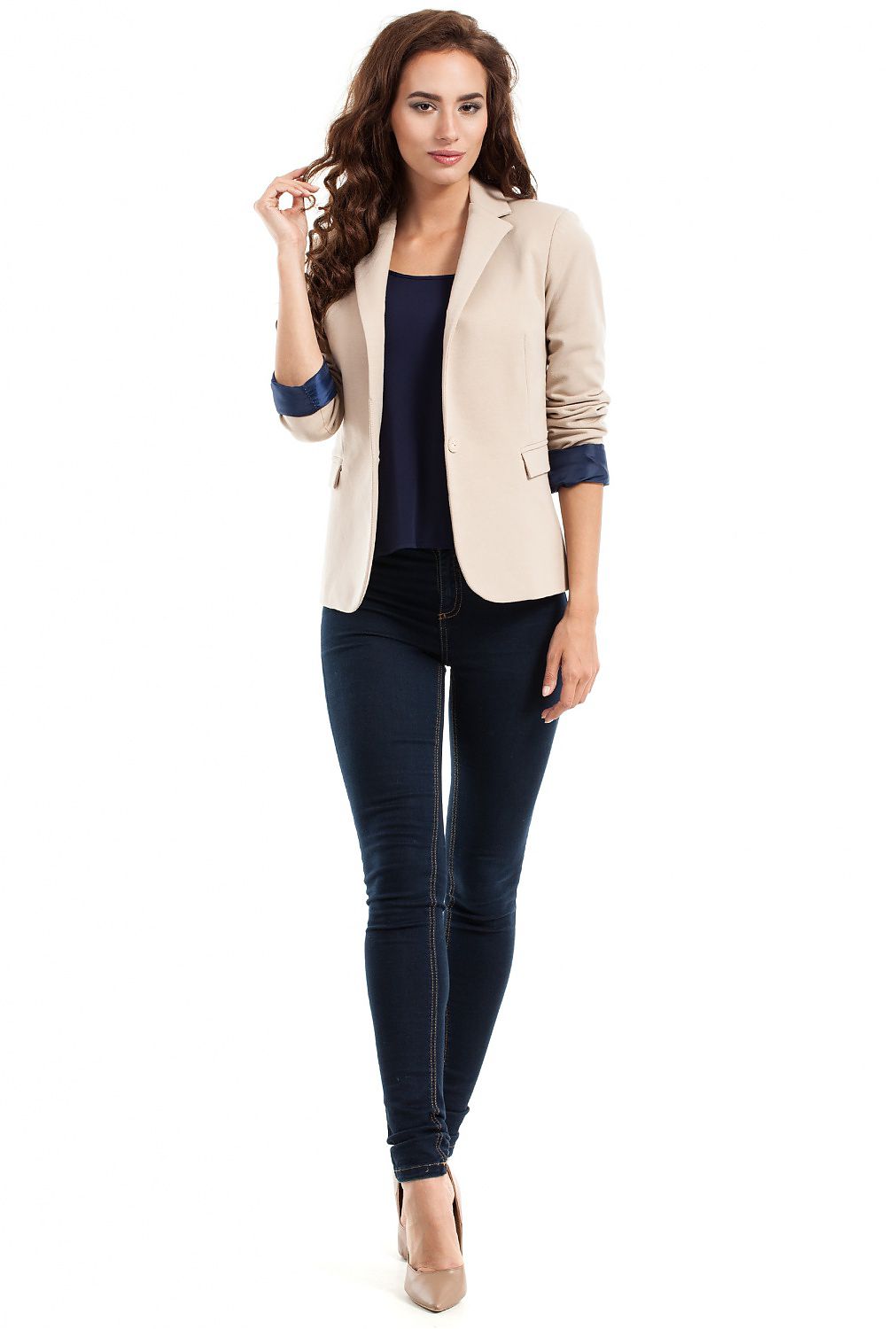 Women’s Beige Cotton Blazer Jacket with Fitted Waist & Single Button Closure - Lovez Aqua© - 