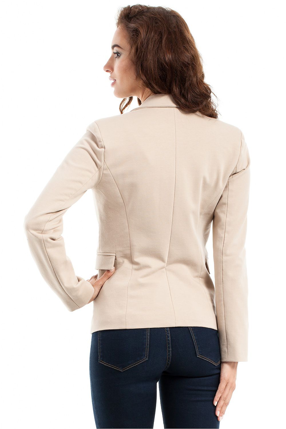 Women’s Beige Cotton Blazer Jacket with Fitted Waist & Single Button Closure - Lovez Aqua© - 
