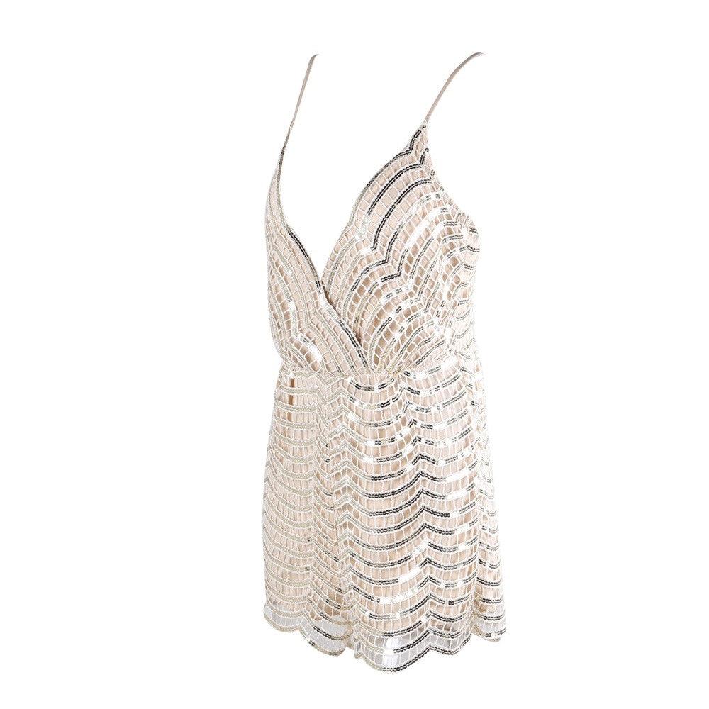 Women's Beige V-Neckline Beaded Sequin Playsuit Romper With Cinched Waistline - Lovez Aqua© - 