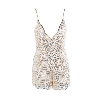 Women's Beige V-Neckline Beaded Sequin Playsuit Romper With Cinched Waistline - Lovez Aqua© - 