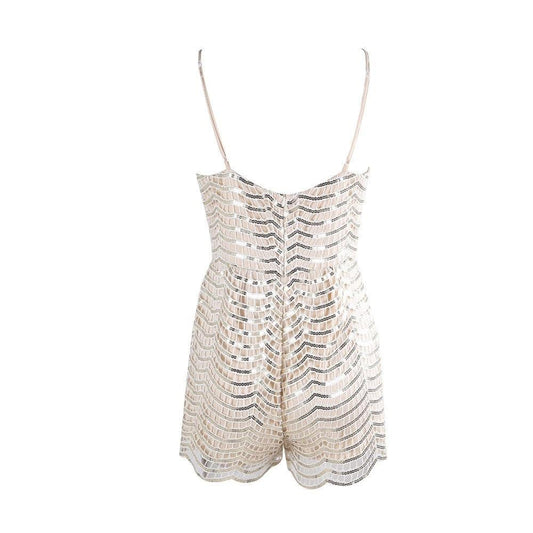 Women's Beige V-Neckline Beaded Sequin Playsuit Romper With Cinched Waistline - Lovez Aqua© - 