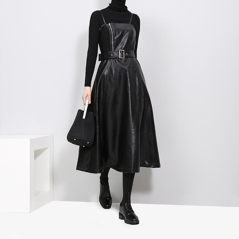 Women's Black A-Line Faux Vegan Leather Midi Dress With Belted Waist - Lovez Aqua© - 