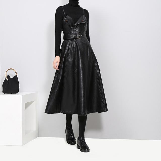 Women's Black A-Line Faux Vegan Leather Midi Dress With Belted Waist - Lovez Aqua© - 