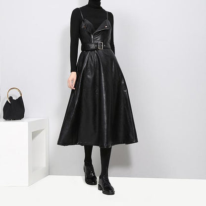 Women's Black A-Line Faux Vegan Leather Midi Dress With Belted Waist - Lovez Aqua© - 