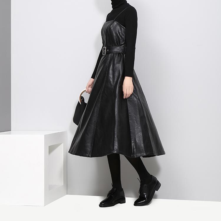 Women's Black A-Line Faux Vegan Leather Midi Dress With Belted Waist - Lovez Aqua© - 