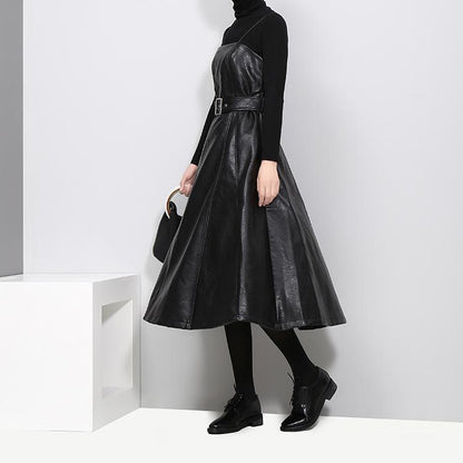 Women's Black A-Line Faux Vegan Leather Midi Dress With Belted Waist - Lovez Aqua© - 
