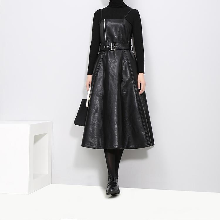 Women's Black A-Line Faux Vegan Leather Midi Dress With Belted Waist - Lovez Aqua© - Default Title
