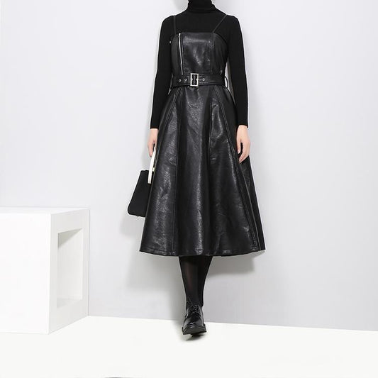 Women's Black A-Line Faux Vegan Leather Midi Dress With Belted Waist - Lovez Aqua© - Default Title