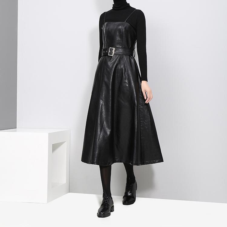 Women's Black A-Line Faux Vegan Leather Midi Dress With Belted Waist - Lovez Aqua© - 