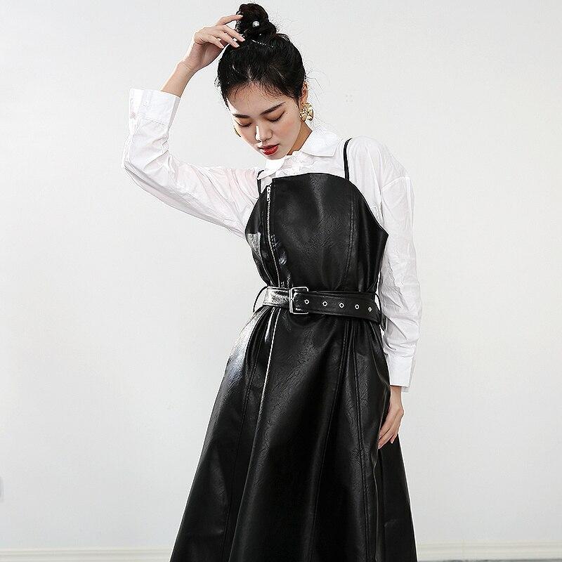 Women's Black A-Line Faux Vegan Leather Midi Dress With Belted Waist - Lovez Aqua© - 