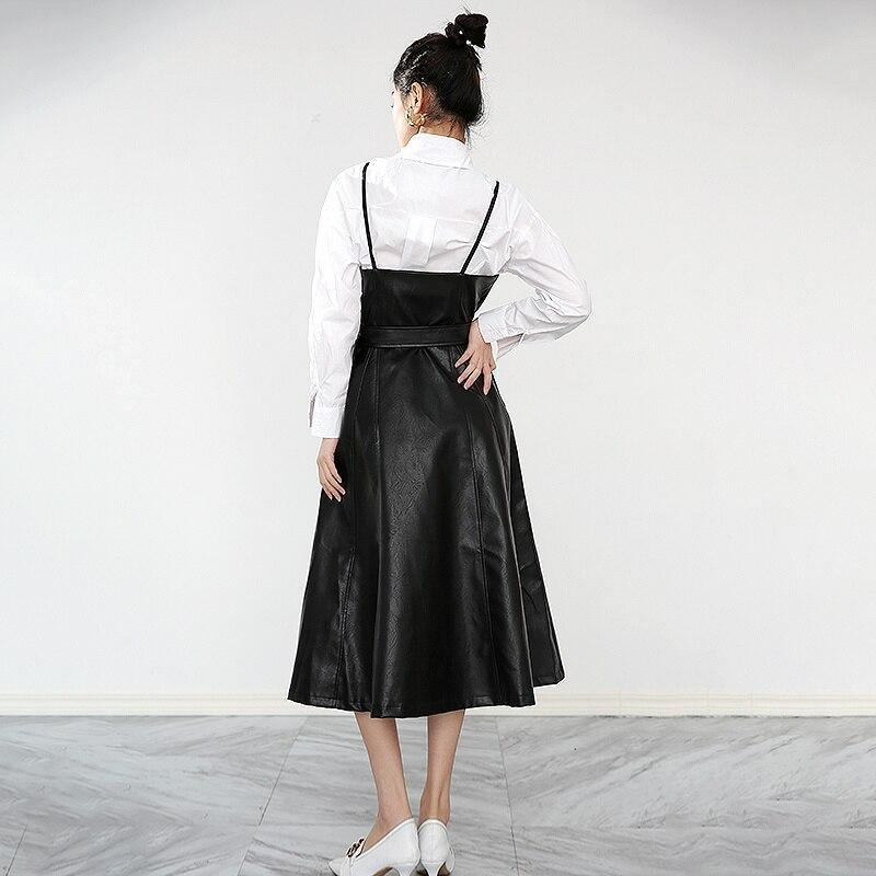 Women's Black A-Line Faux Vegan Leather Midi Dress With Belted Waist - Lovez Aqua© - 