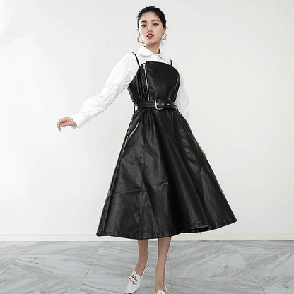 Women's Black A-Line Faux Vegan Leather Midi Dress With Belted Waist - Lovez Aqua© - 