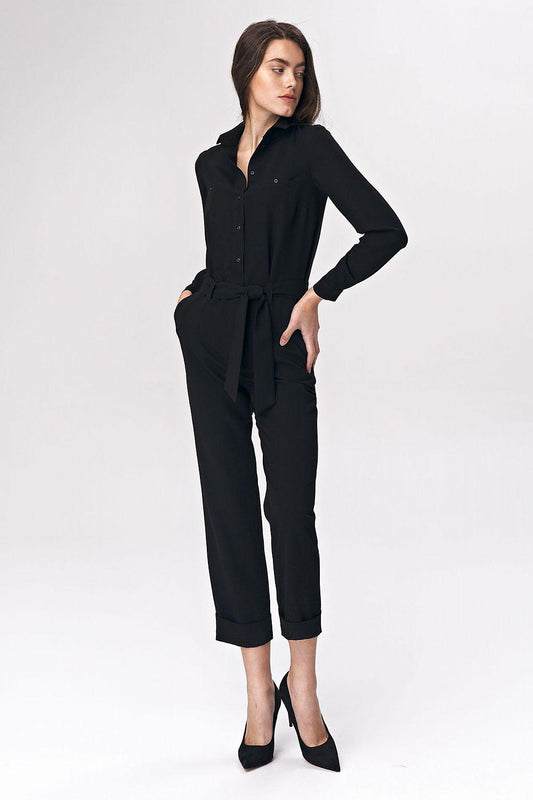 Women’s Black Button-Down Jumpsuit With Tie-Waist, Cropped Legs & Long Sleeves - Lovez Aqua© - 
