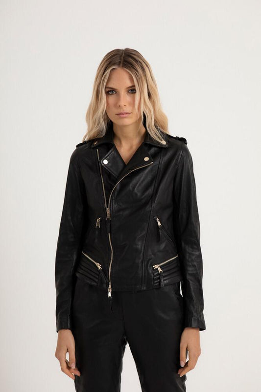 Women's Black Genuine Lambskin Leather Biker Jacket - Lovez Aqua© - 