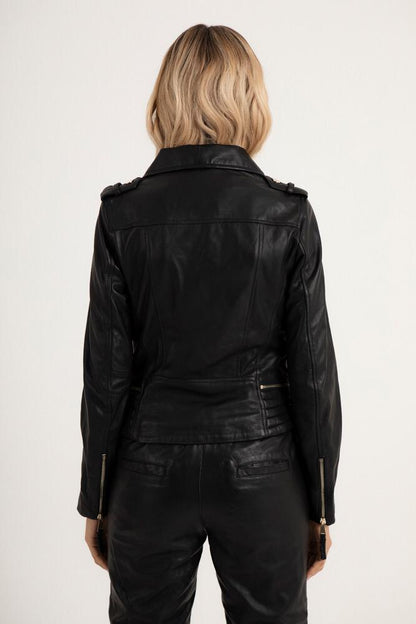 Women's Black Genuine Lambskin Leather Biker Jacket - Lovez Aqua© - 
