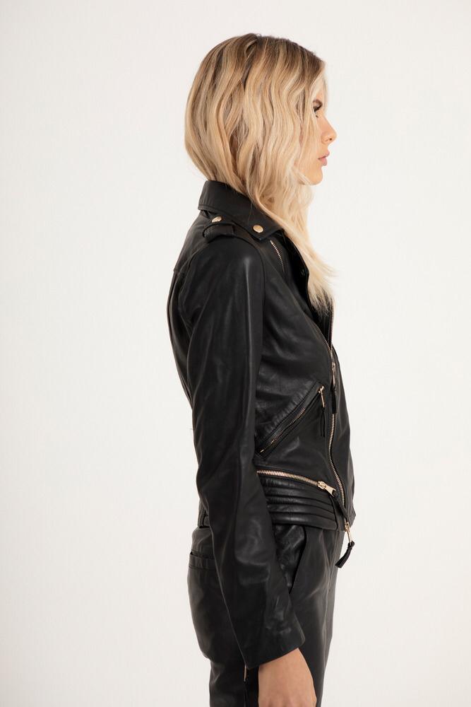 Women's Black Genuine Lambskin Leather Biker Jacket - Lovez Aqua© - 