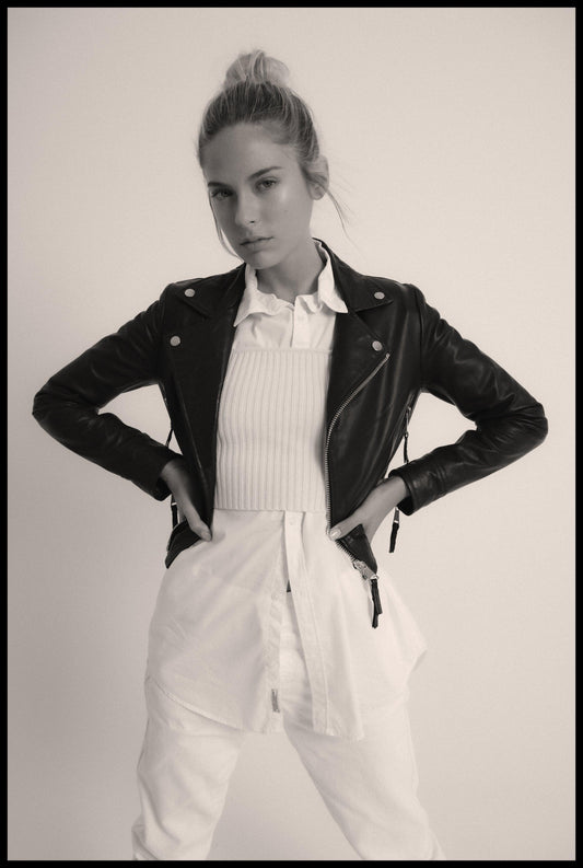 Women's Black Genuine Lambskin Leather Biker Jacket With Zipper - Lovez Aqua© - 