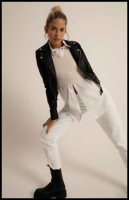 Women's Black Genuine Lambskin Leather Biker Jacket With Zipper - Lovez Aqua© - 