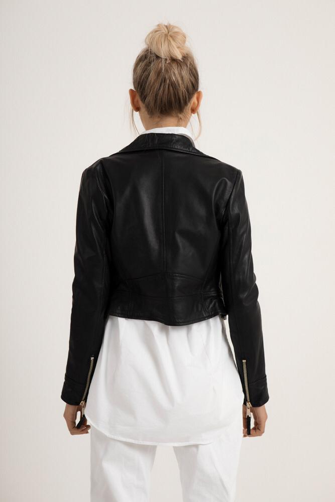 Women's Black Genuine Lambskin Leather Biker Jacket With Zipper - Lovez Aqua© - 