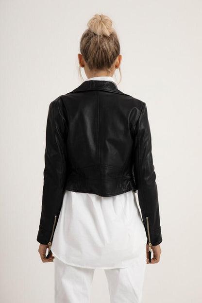 Women's Black Genuine Lambskin Leather Biker Jacket With Zipper - Lovez Aqua© - 