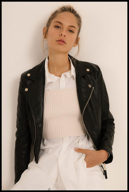 Women's Black Genuine Lambskin Leather Biker Jacket With Zipper - Lovez Aqua© - 