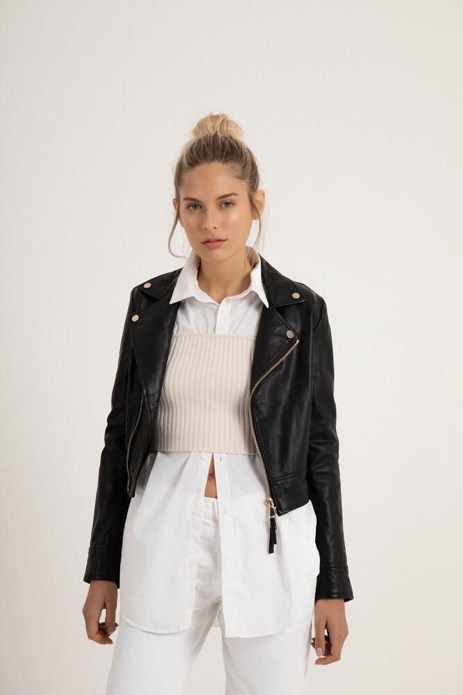 Women's Black Genuine Lambskin Leather Biker Jacket With Zipper - Lovez Aqua© - 
