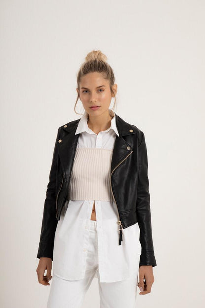 Women's Black Genuine Lambskin Leather Biker Jacket With Zipper - Lovez Aqua© - 